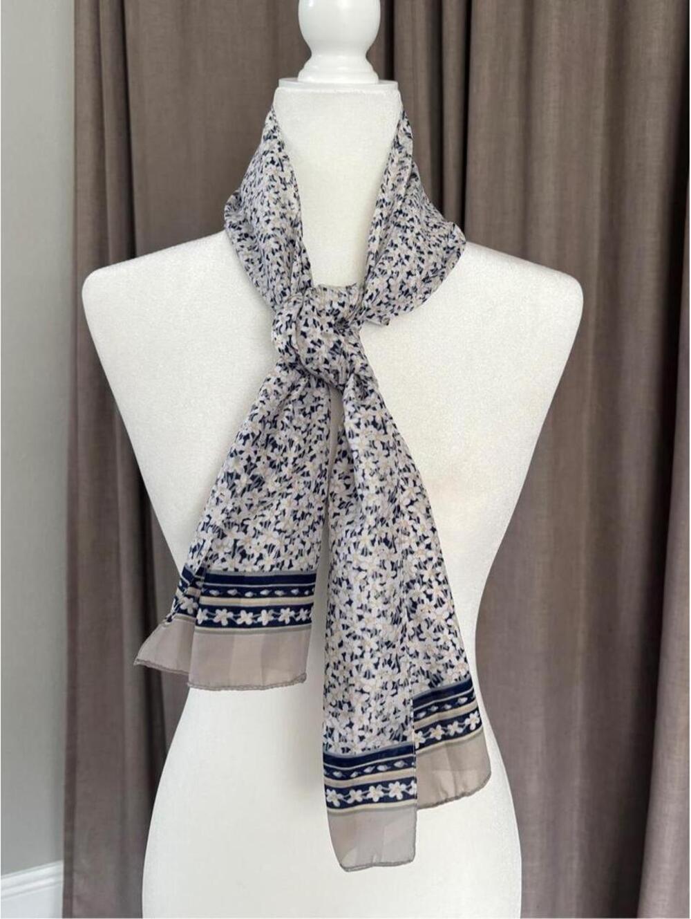 Navy Cream Ditsy Floral Sheer Scarf Romantic Retro Style